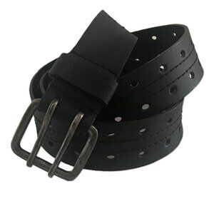 Black Leather Belt Silver Tone Buckle Hardware Double Prong Women's Large